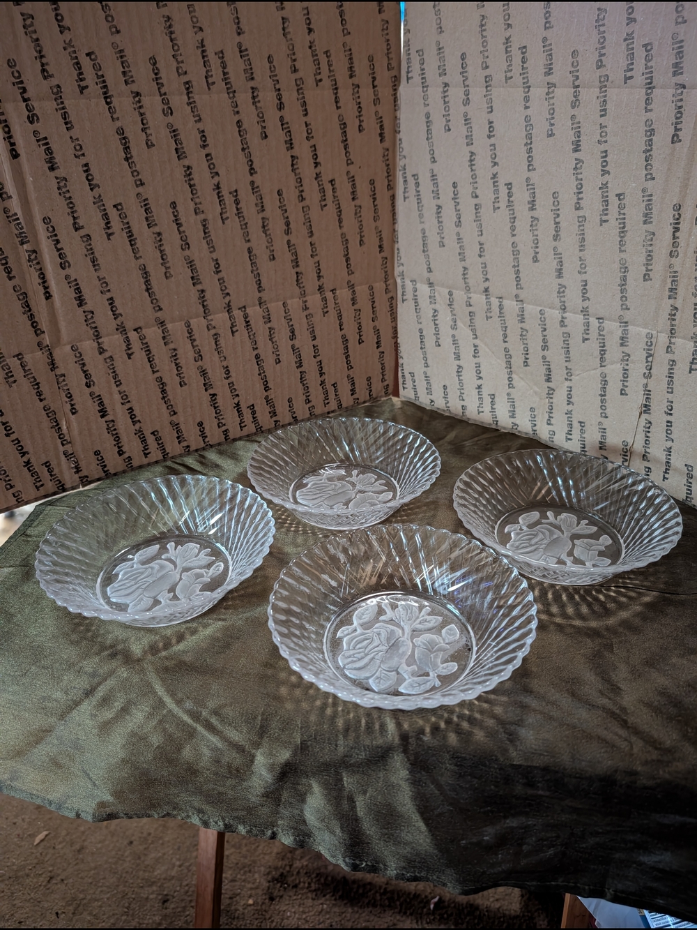 Clear Glass Floral Etched Dessert Bowls - Set of 4